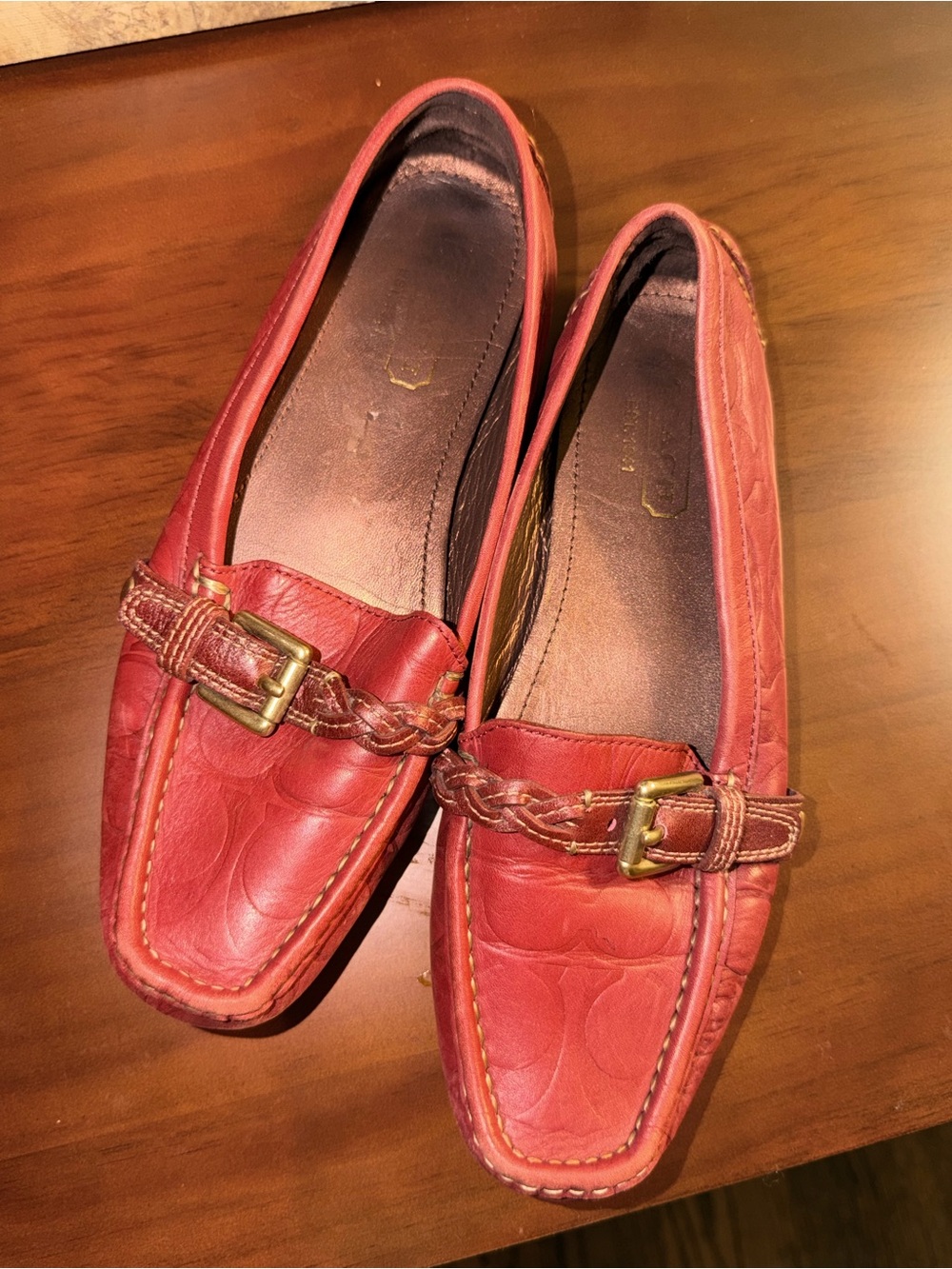 Coach Red Braided Strap Loafers with Gold Buckles
